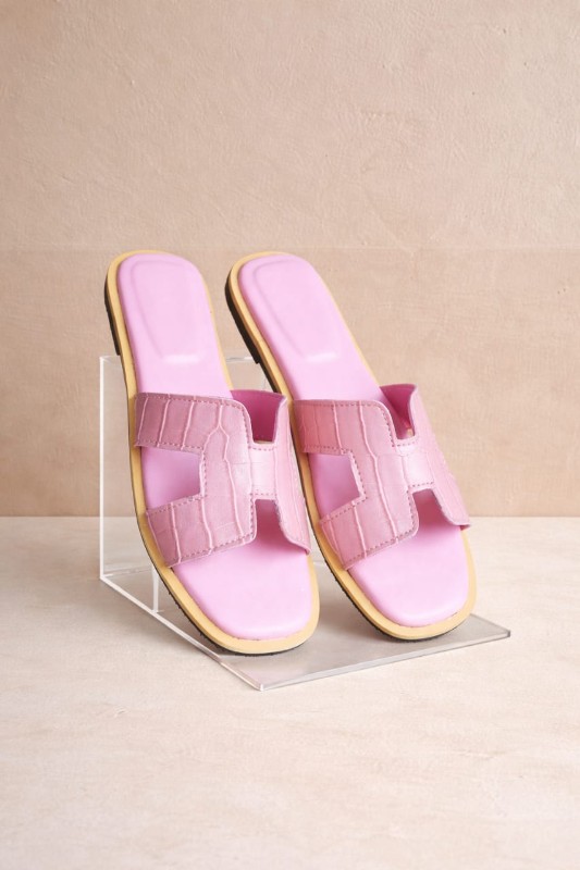 Pink Crocodile Print H-Strap Slides