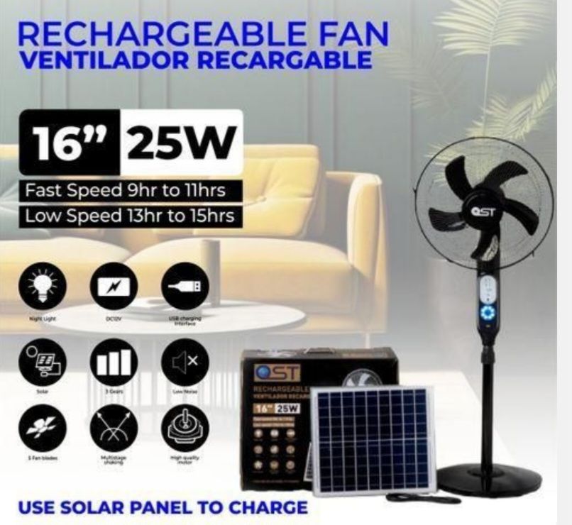 Solar OST 16inch Rechargeable Standing Fan Witg Solar Panels and 2 Bulbs