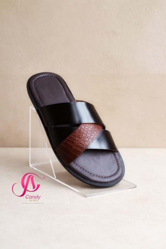 Men's Brown and Black Leather Cross-Strap Sandals