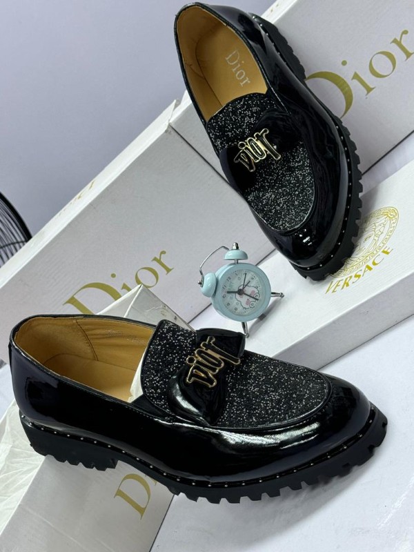 Dior Black Patent Leather Loafers with Sparkle Detail