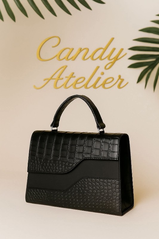 Black Croc-Embossed Top-Handle Handbag