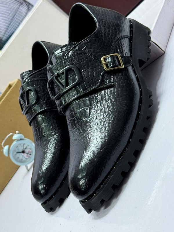 Black Croc-Embossed Monk Strap Shoes